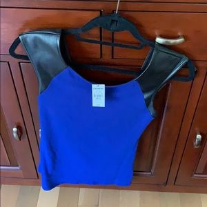 Blue shirt with faux leather cap sleeves